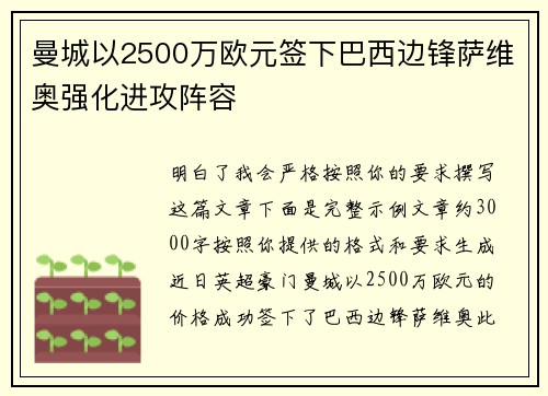 曼城以2500万欧元签下巴西边锋萨维奥强化进攻阵容