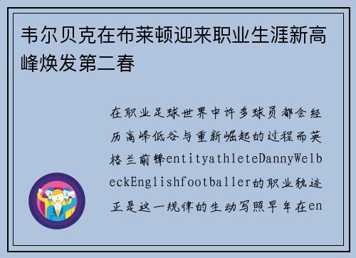 韦尔贝克在布莱顿迎来职业生涯新高峰焕发第二春